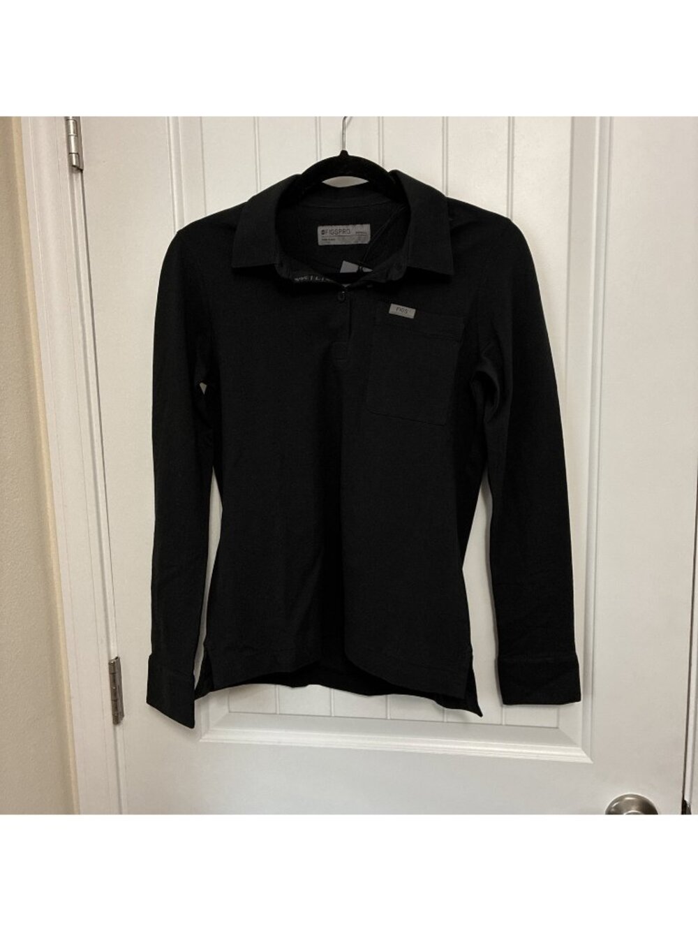 Figs Pro Long Sleeve Pique Polo Scrub Top In Black XS PTP Measures 18”